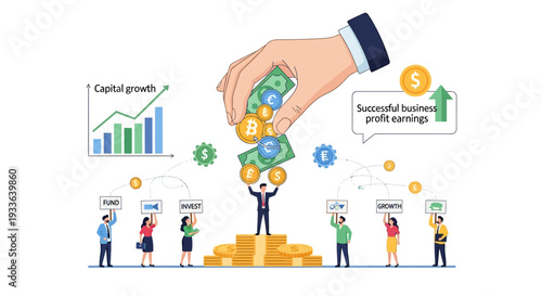 Hand nurturing financial growth with coins and people standing around a money pile with graphs and charts nearby