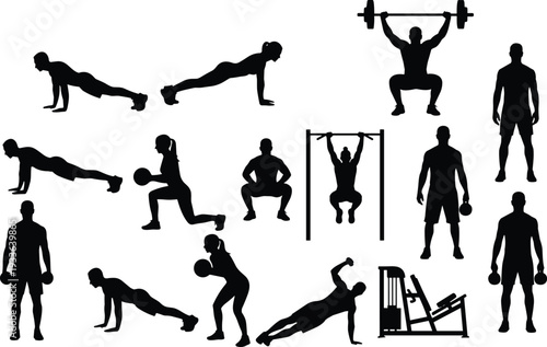 Fitness workout silhouette set with men and women performing push ups, squats, lunges, weightlifting and pull ups, black vector icons isolated for gym training design