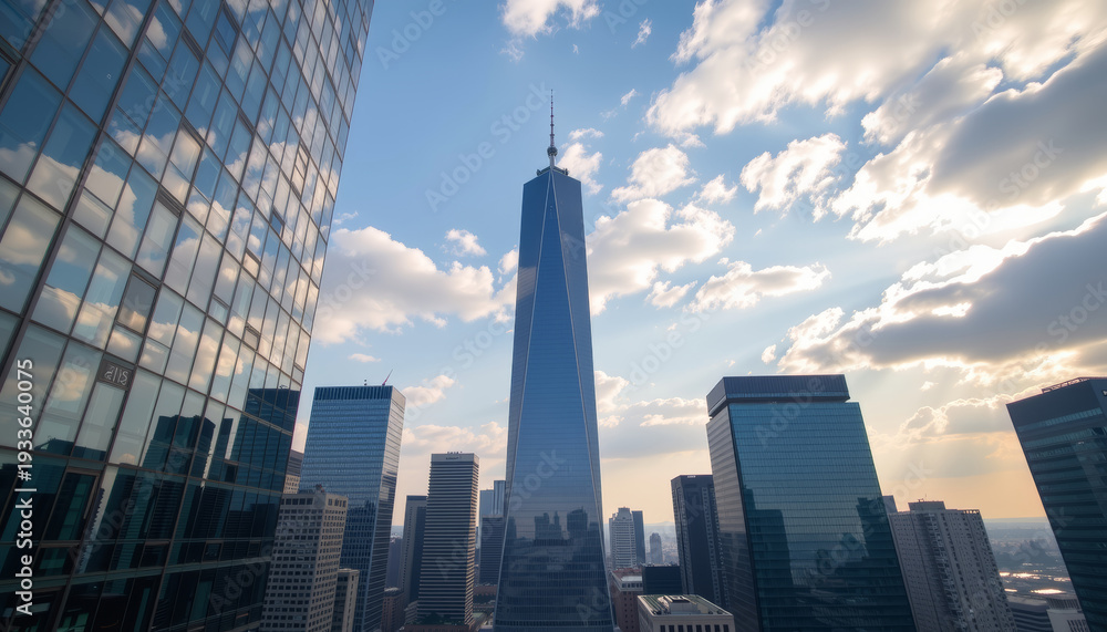 Fototapeta premium Modern skyscraper skyline glass office tower financial district cityscape blue sky clouds downtown business center urban architecture view