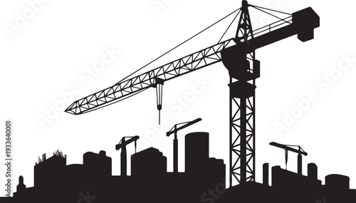 Black silhouette cityscape with construction cranes