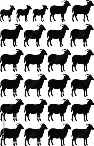 Goat silhouettes collection set, farm animal standing poses isolated on white background, domestic livestock and mountain goat shapes for agriculture logo, ranch branding design