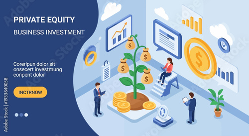 Financial growth illustration featuring coins, plants, and people in a professional setting