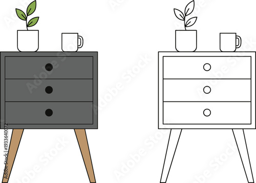 Modern bedside table nightstand set with drawers house plant and coffee mug in flat color and line art style for interior design illustration
