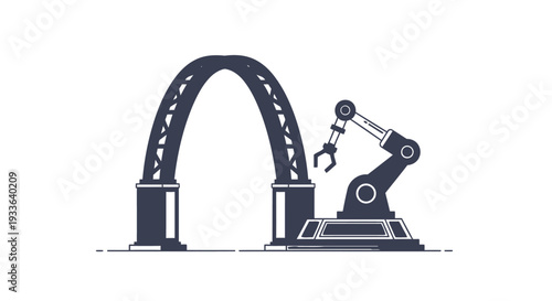 Industrial robotic arm assembling an arch structure.