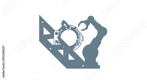 Industrial robotic arm assembling complex machinery part.