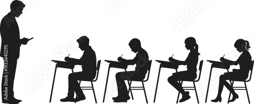 Teacher and students in classroom exam silhouette vector illustration, school test scene with sitting pupils writing isolated black education characters on white background