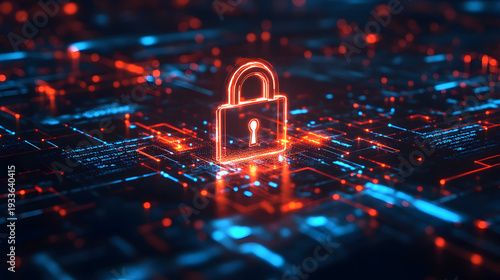 Wallpaper Mural Glowing digital lock floating above futuristic circuit board with neon red and blue lights symbolizing cybersecurity and data protection Torontodigital.ca