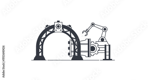 Industrial robotic arm assembling complex machinery on an assembly line.