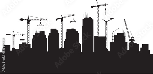 Black silhouette cityscape with construction cranes
