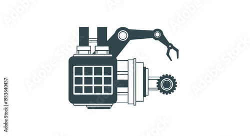 Industrial robotic arm attached to machinery with gears.