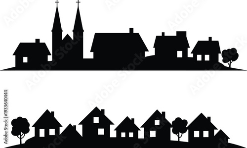 Village houses skyline silhouette with church, small town residential landscape vector illustration isolated black rural cityscape design on white background