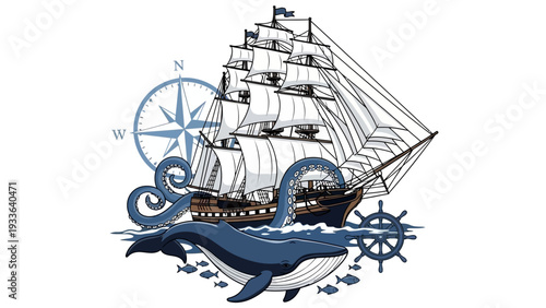 Vintage Ship Navigation Illustration Art.