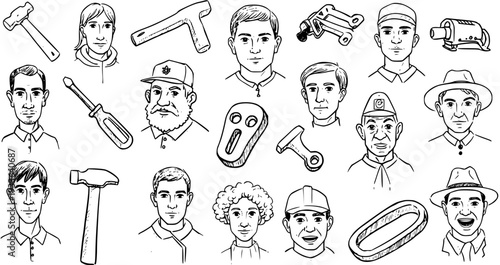 Hand-drawn line art collection of diverse workers and various industrial tools, monochrome doodle sketches of people, and equipment icons.