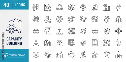 Capacity building icon set. Includes training, skill, knowledge, growth, seminar, networking, leadership, and more. Outline icon set. Vector illustration with editable stroke