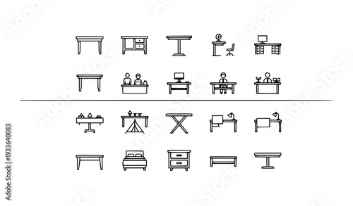 Table Monoline Icons Set Editable Stroke Modern Furniture Symbol Collection