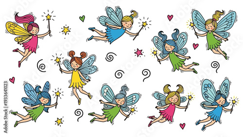 Cartoon Fairies Flying with Magic.