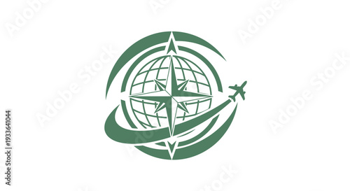 Global Travel and Tourism Compass Icon with Airplane.