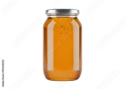A clear glass jar with a metallic lid is filled with amber liquid Bubbles are visible The jar sits on a white surface