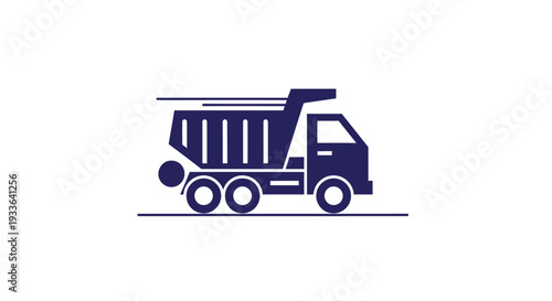 Illustration of a dark blue dump truck in motion.