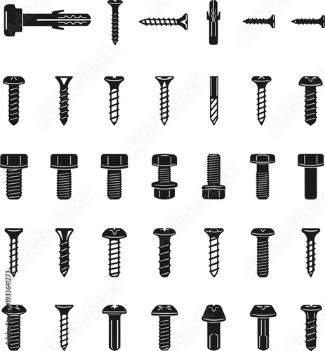 Set of black screws, bolts, anchors and fasteners isolated on white background, construction hardware collection silhouette illustration for industrial and DIY design use