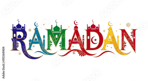 Celebrating Ramadan with colorful typography and ornate decorations in a festive religious atmosphere