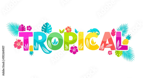 Vibrant Tropical Illustration Featuring Floral Elements and Foliage, Whisk Design Concept