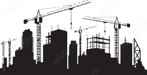 Black silhouette cityscape with construction cranes and buildings