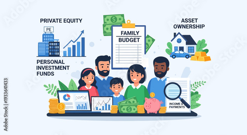 Family financial planning illustration with people analyzing budget and investments on laptop screen from various viewpoints
