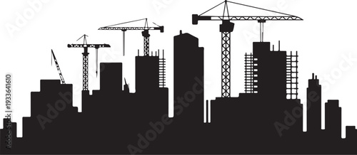 Black silhouette cityscape with construction cranes and buildings