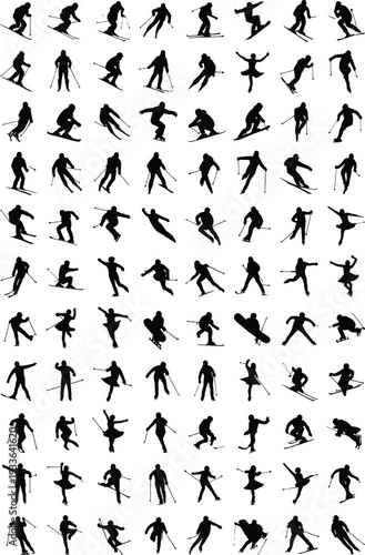 Skiing silhouettes collection set, winter sport athlete poses isolated on white background, downhill ski and snowboard action figures for competition, recreation and alpine design