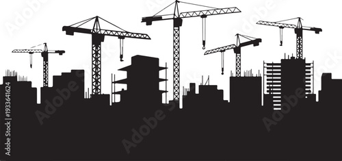 Black silhouette cityscape with construction cranes and buildings