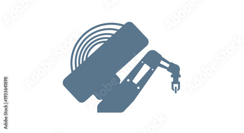 Industrial robotic arm with coiled hose and nozzle.