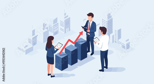Business professionals analyzing financial graph with declining trend in urban environment from isometric viewpoint