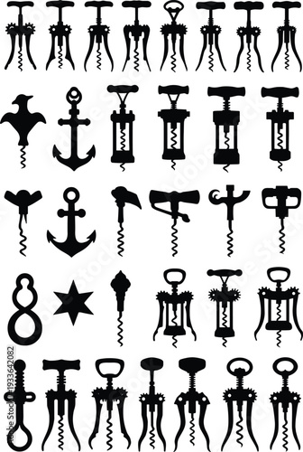 Vintage corkscrew silhouettes collection set, antique wine bottle opener icons isolated on white background, classic and decorative cork screw shapes for bar, restaurant branding design