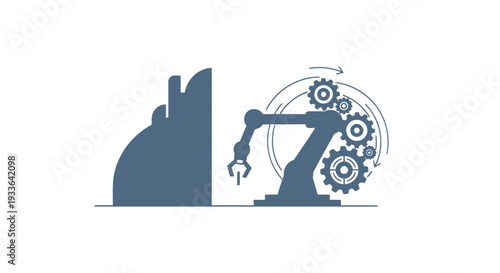 Industrial robotic arm with gears and factory building.