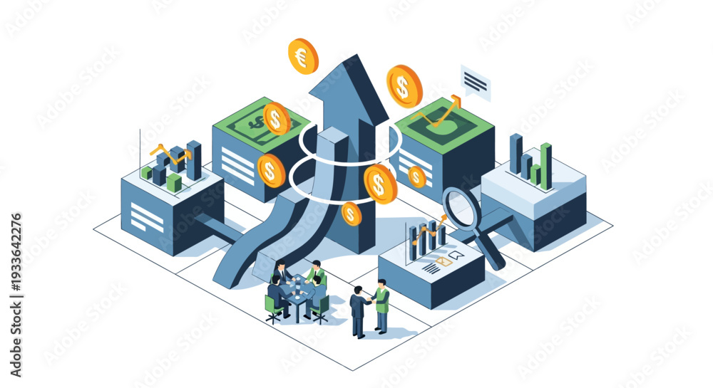 Obraz premium Isometric illustration of business finance concept with charts and graphs showing currency exchange and financial growth