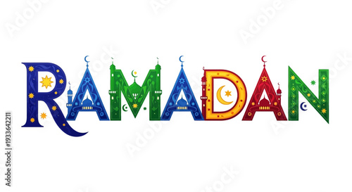 Celebrating Ramadan with colorful typography and lantern design elements in a festive illustration