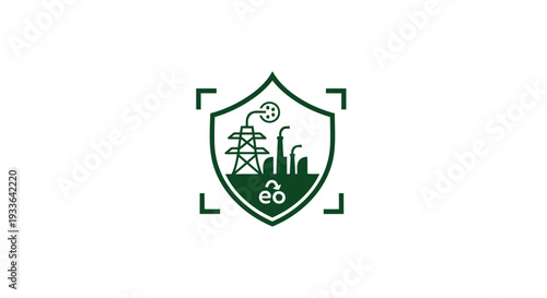 Industrial Security Shield with Power Lines and Factory Icons.