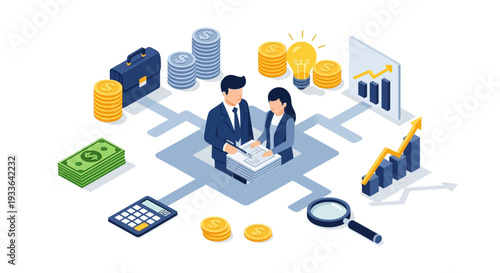 Business professionals analyzing financial data and documents in a modern workspace with charts and graphs surrounding them from a top-down viewpoint