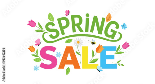 Vibrant Spring Sale Illustration Featuring Floral Elements and Colorful Typography
