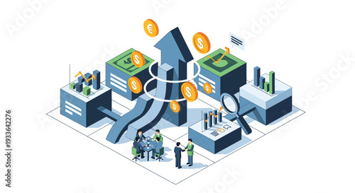 Isometric illustration of business finance concept with charts and graphs showing currency exchange and financial growth