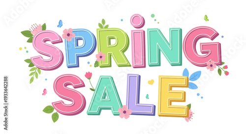 Vibrant Spring Sale Illustration Featuring Floral Elements and Colorful Typography