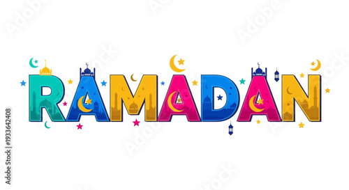 Vibrant Ramadan Illustration with Colorful Text and Ornaments