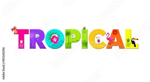 Vibrant Tropical Text Displayed Creatively with Colorful Letters and Symbols in a Graphic Illustration