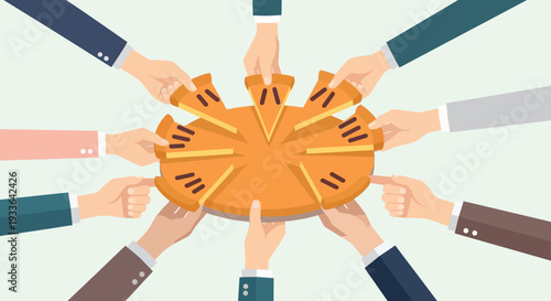 Hands from diverse people coming together to share a pie, showcasing unity and sharing in a collaborative environment from a top view.