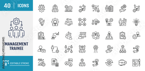 Management Trainee icon set. Includes skill, leadership, development, mentorship, supervisor, career. Outline icon set. Vector illustration with editable stroke
