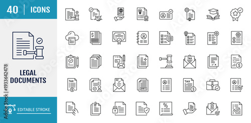 Legal document icon set. Includes contract, certificate, passport, ID card, agreement, patent, testament and more. Outline icon set. Vector illustration with editable stroke