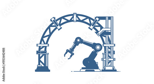 Industrial Robotic Arm Underneath a Blue Metal Archway Structure.