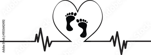 PrintBlack Silhouette of Baby Footprints Inside a Heart with Heartbeat Pulse Line for Pregnancy Maternity and New Life,