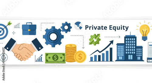 Private Equity Infographic Illustrating Business Growth and Financial Transactions